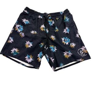 Volcom Swim Trunks Men's Medium Black Floral Elastic Waist Drawstring Pocket
